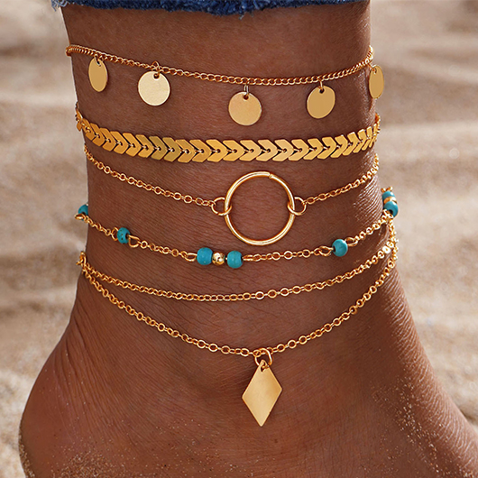 Gold Layered Patchwork Geometric Alloy Anklets