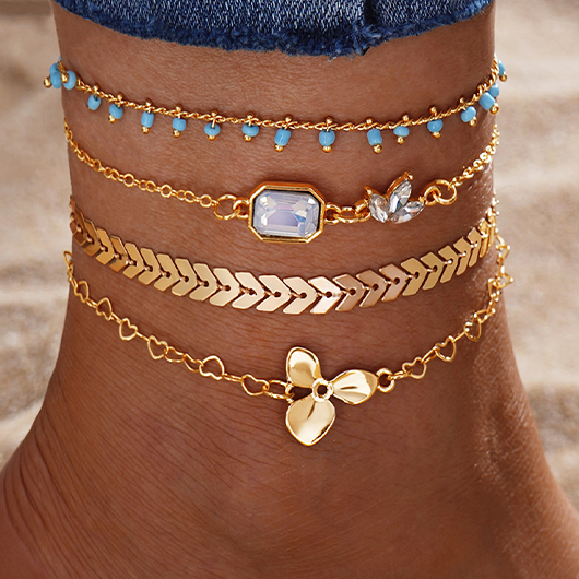 Gold Heart Layered Geometric Alloy Anklets