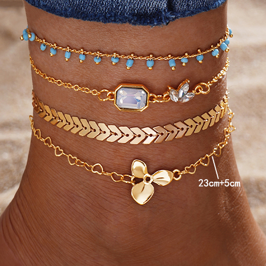 Gold Heart Layered Geometric Alloy Anklets