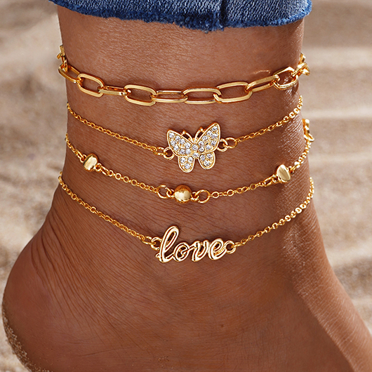 Gold Letter Layered Butterfly Alloy Anklets