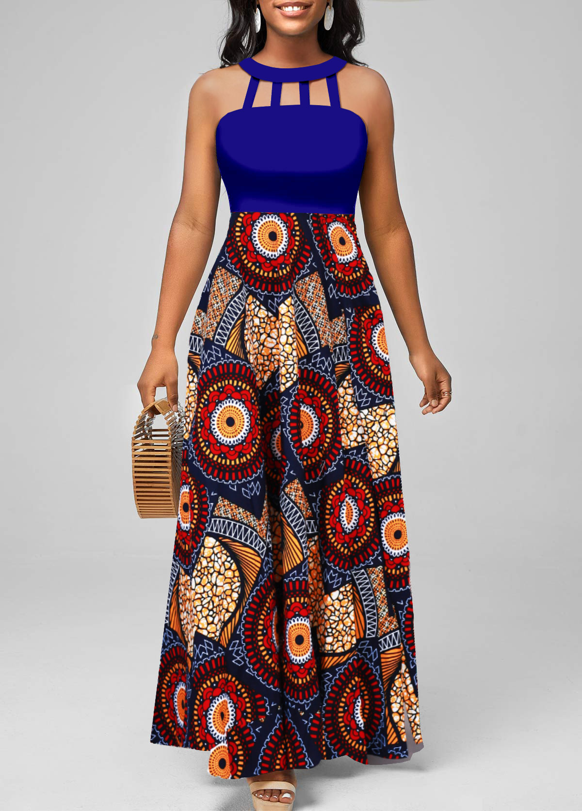 Navy Cage Neck African Tribal Print Sleeveless Maxi Dress