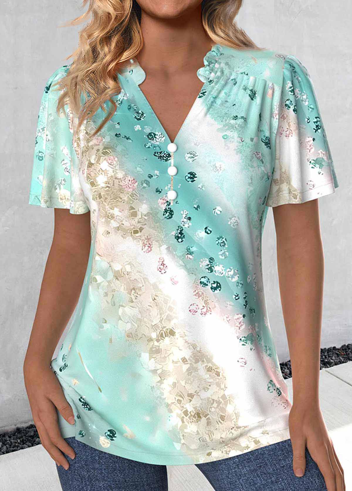 Mint Green Ruched Ombre Short Sleeve V Neck Blouse