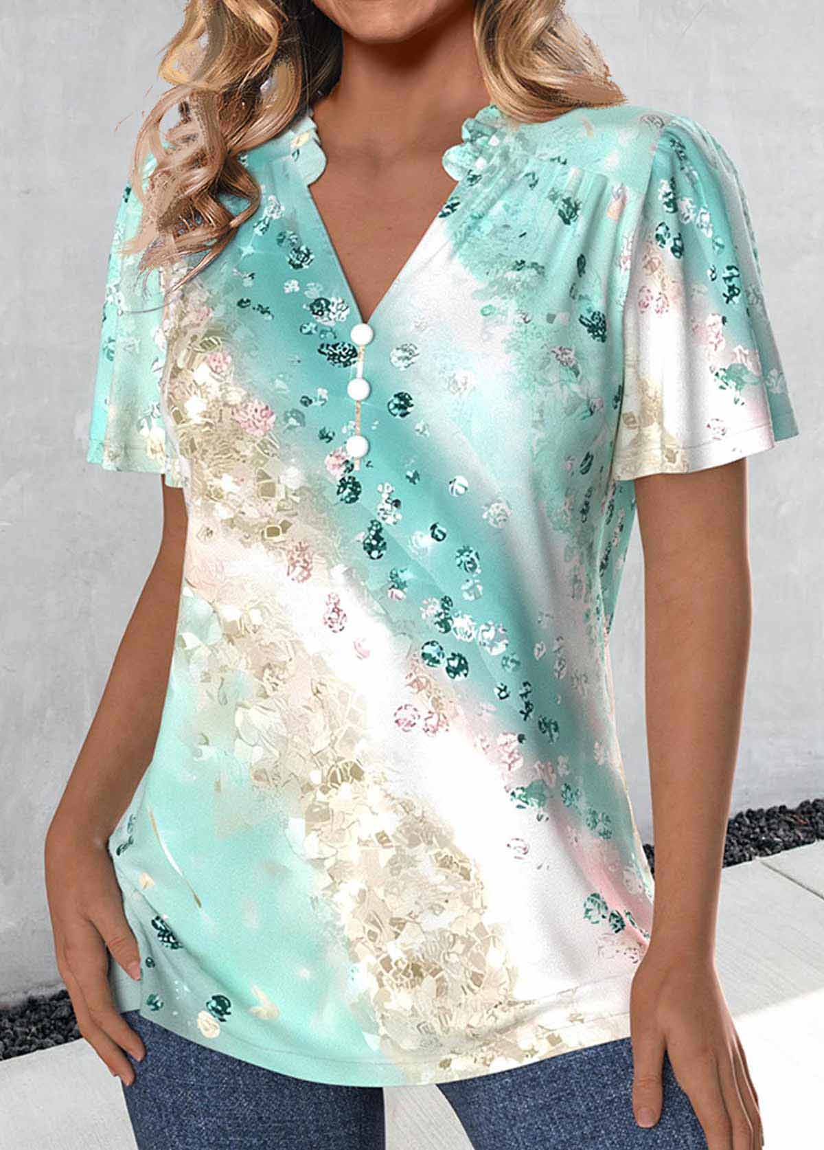 Mint Green Ruched Ombre Short Sleeve V Neck Blouse