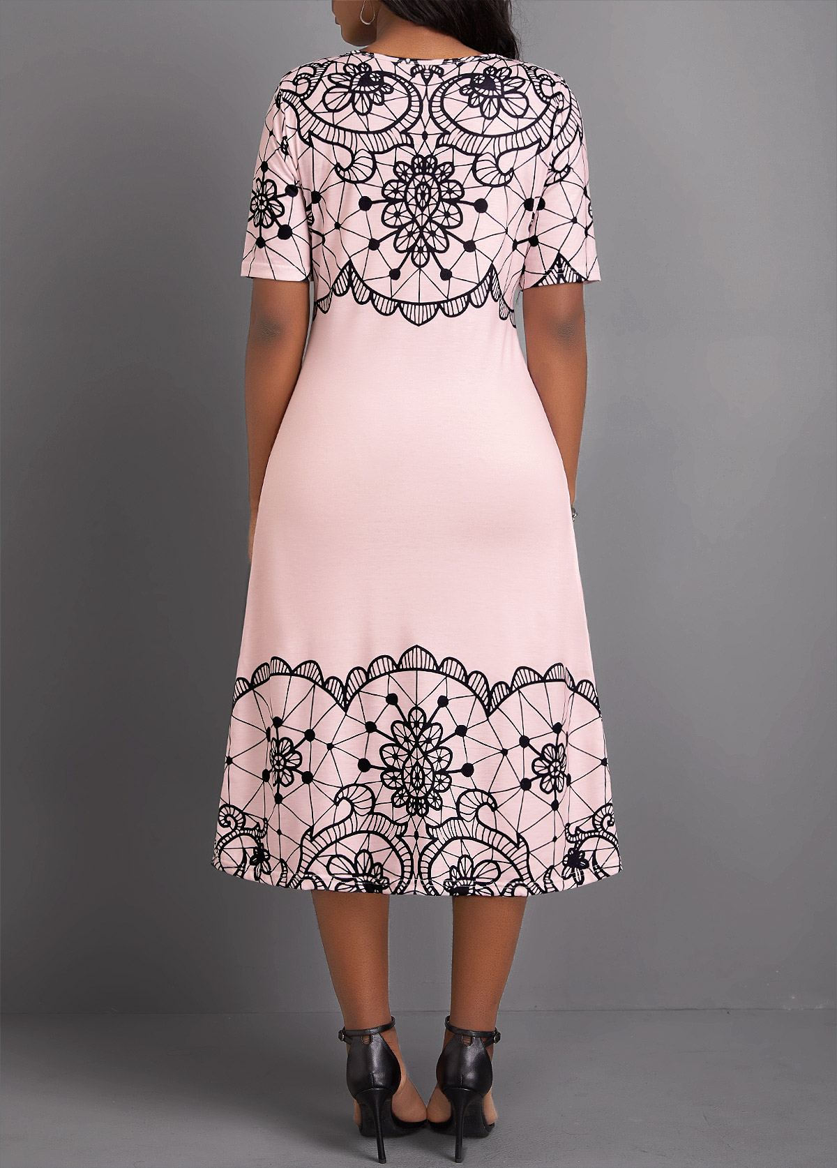 Light Pink Geometric Print Short Sleeve Round Neck Dress