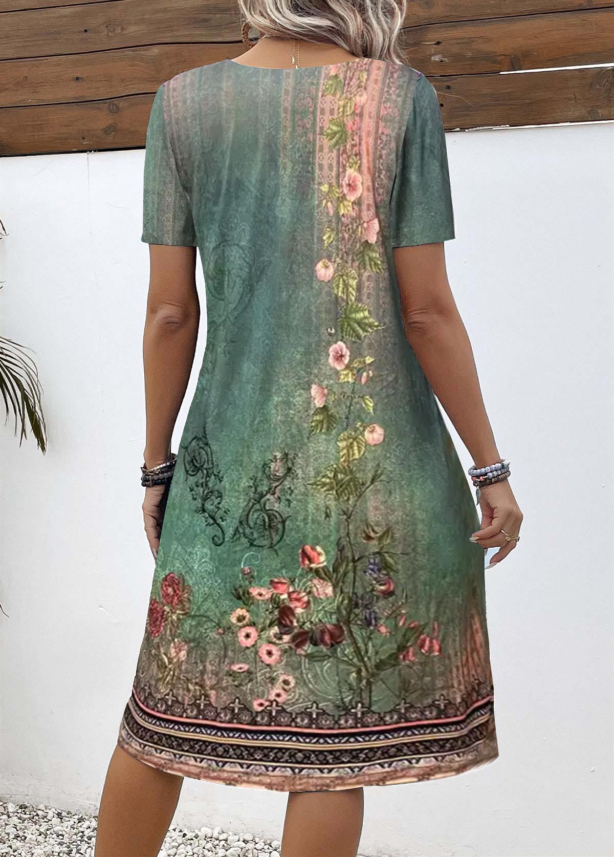 Green Tummy Coverage Floral Print Short Sleeve Dress | picture 