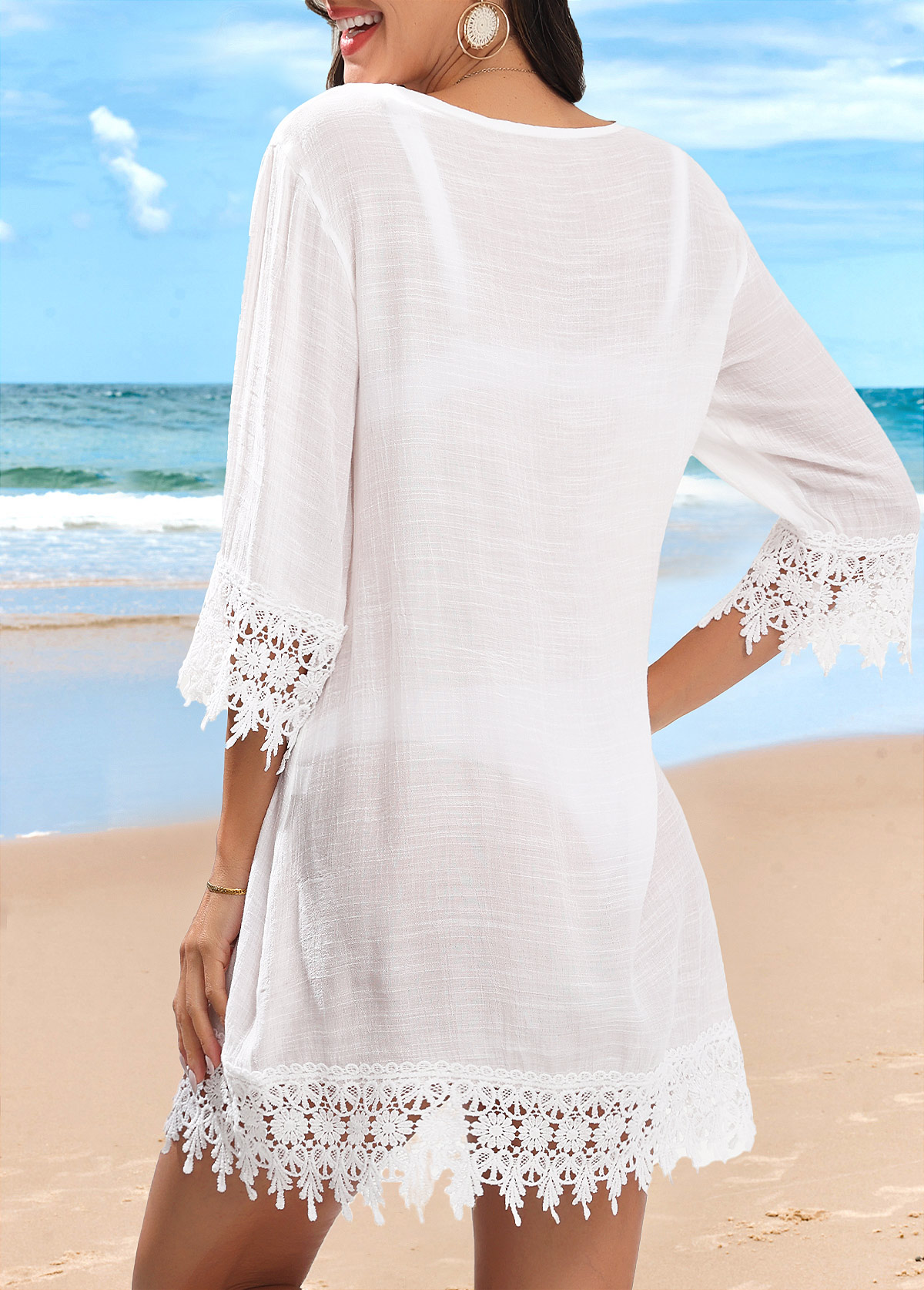 Button Up Patchwork White Cover Up