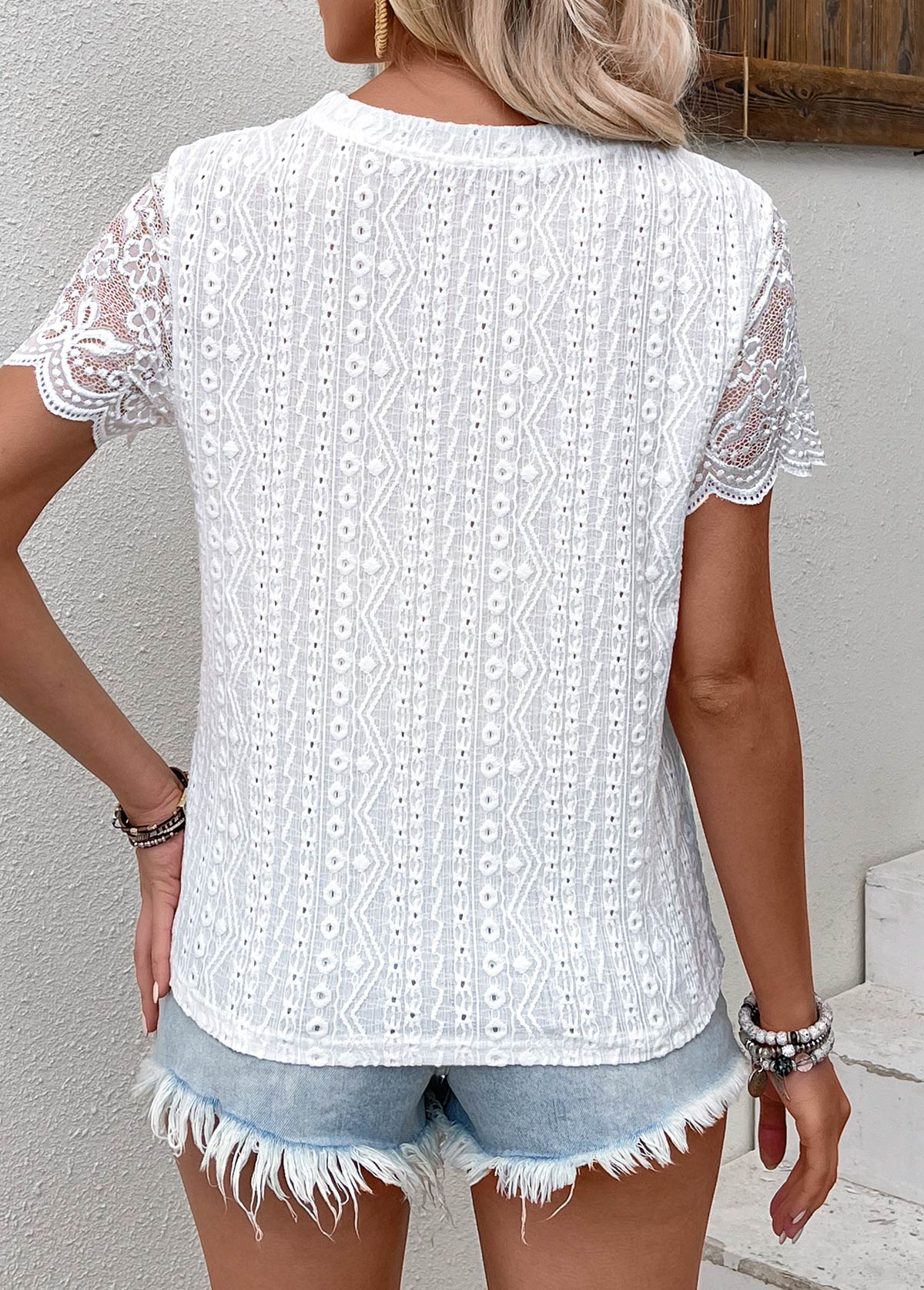 White Patchwork Short Sleeve Round Neck T Shirt | picture 