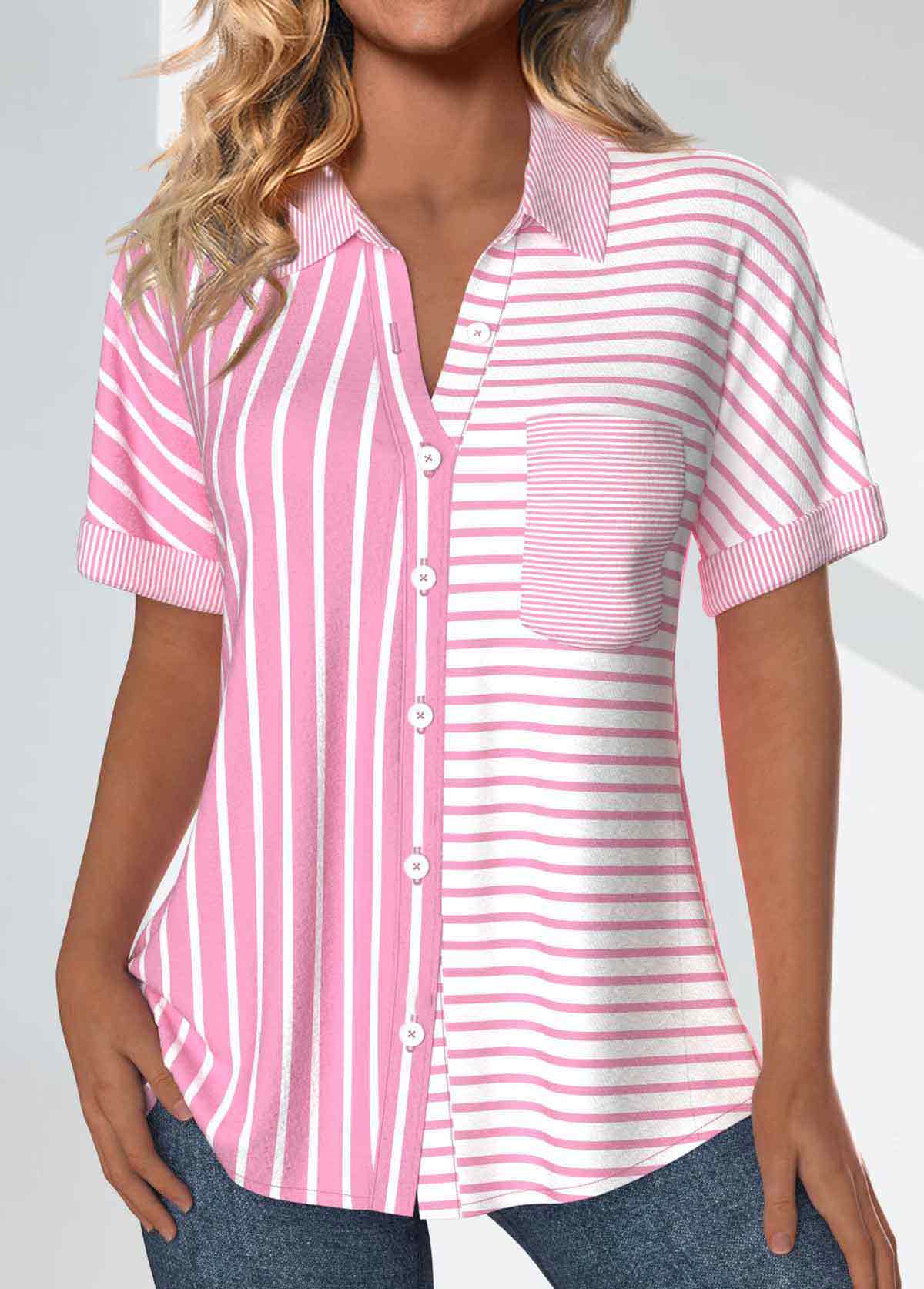 Plus Size Pink Pocket Striped Short Sleeve Blouse