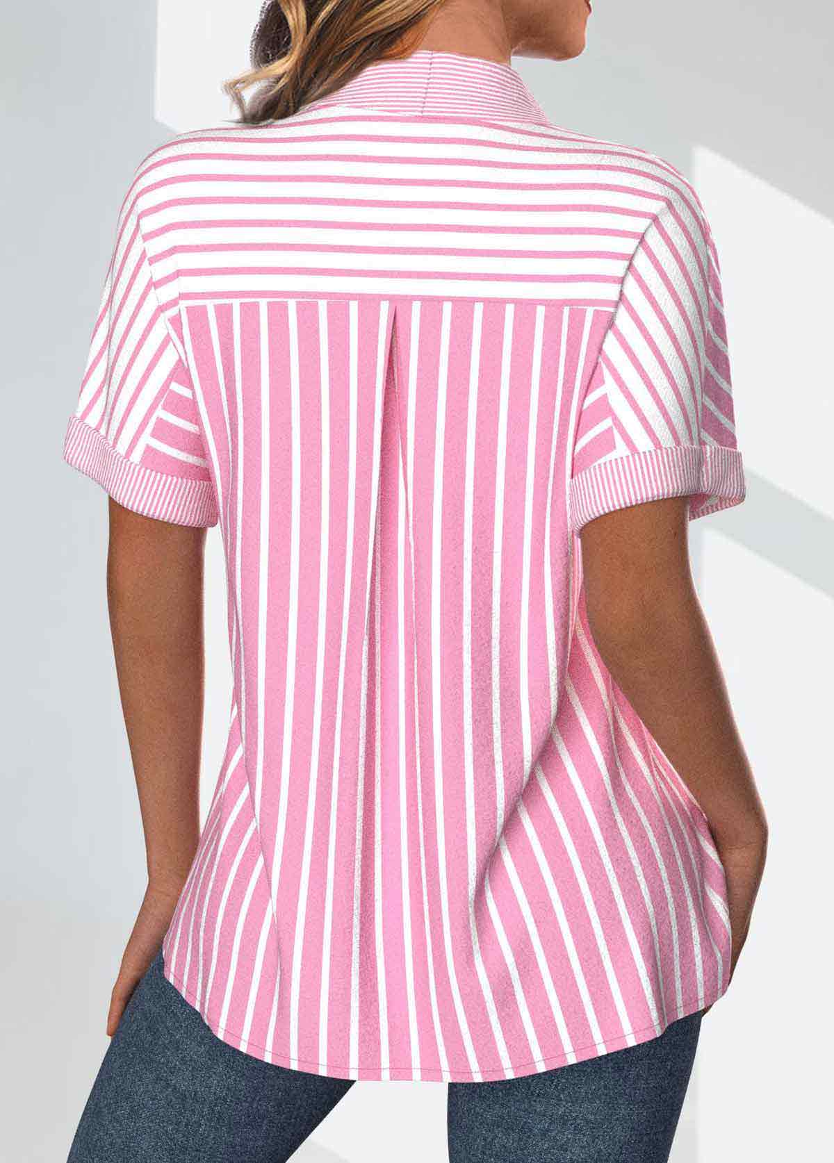 Pink Pocket Striped Short Sleeve Shirt Collar Blouse