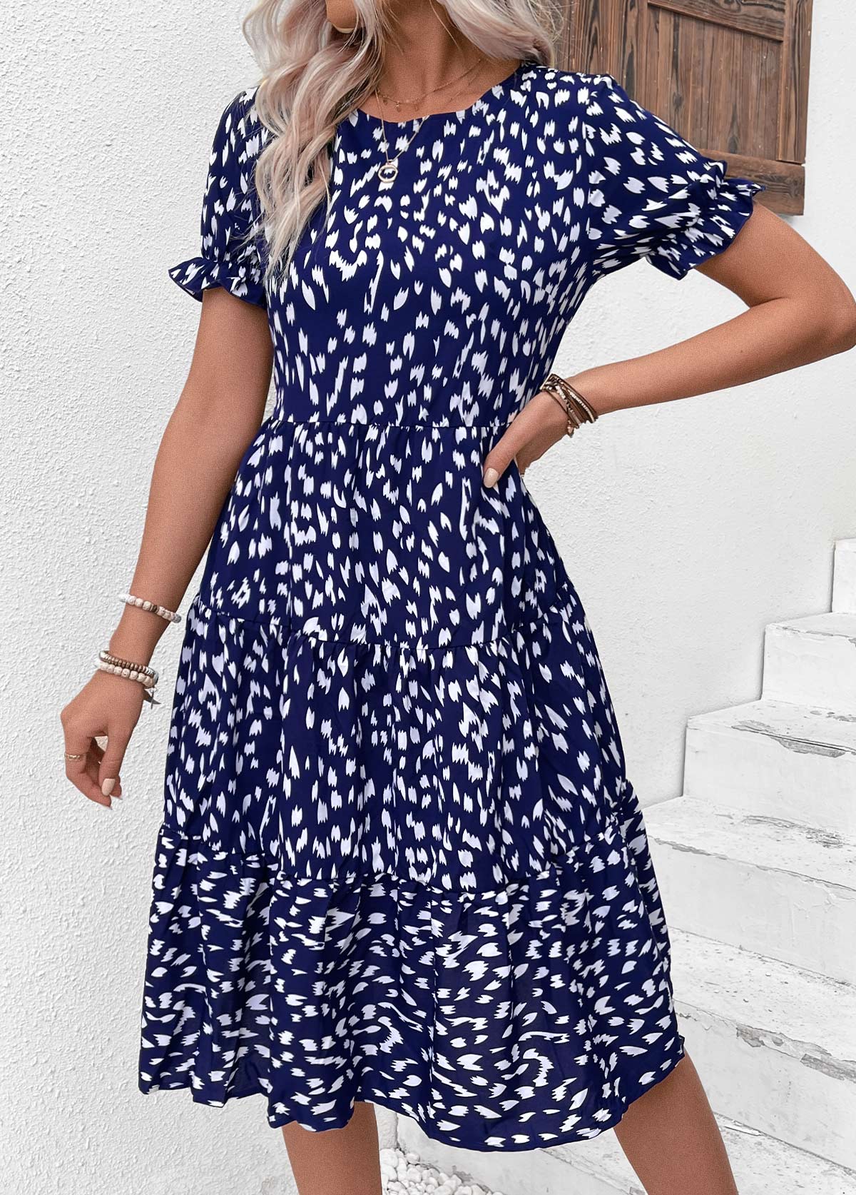 Navy Ruched Short Sleeve Round Neck Dress | picture 