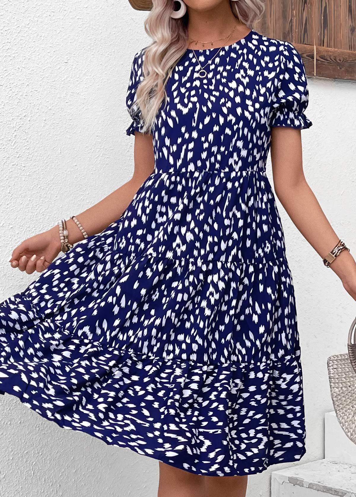 Navy Ruched Short Sleeve Round Neck Dress | picture 