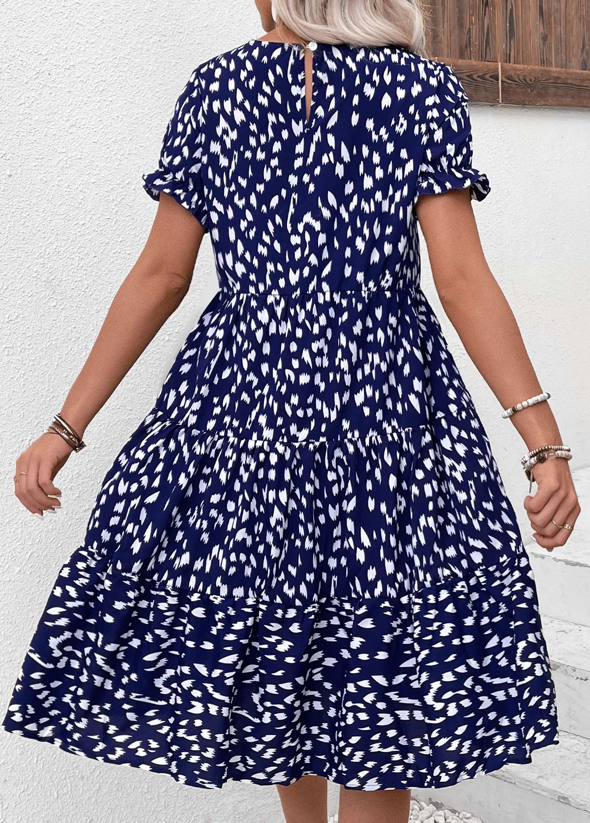 Navy Ruched Short Sleeve Round Neck Dress | picture 