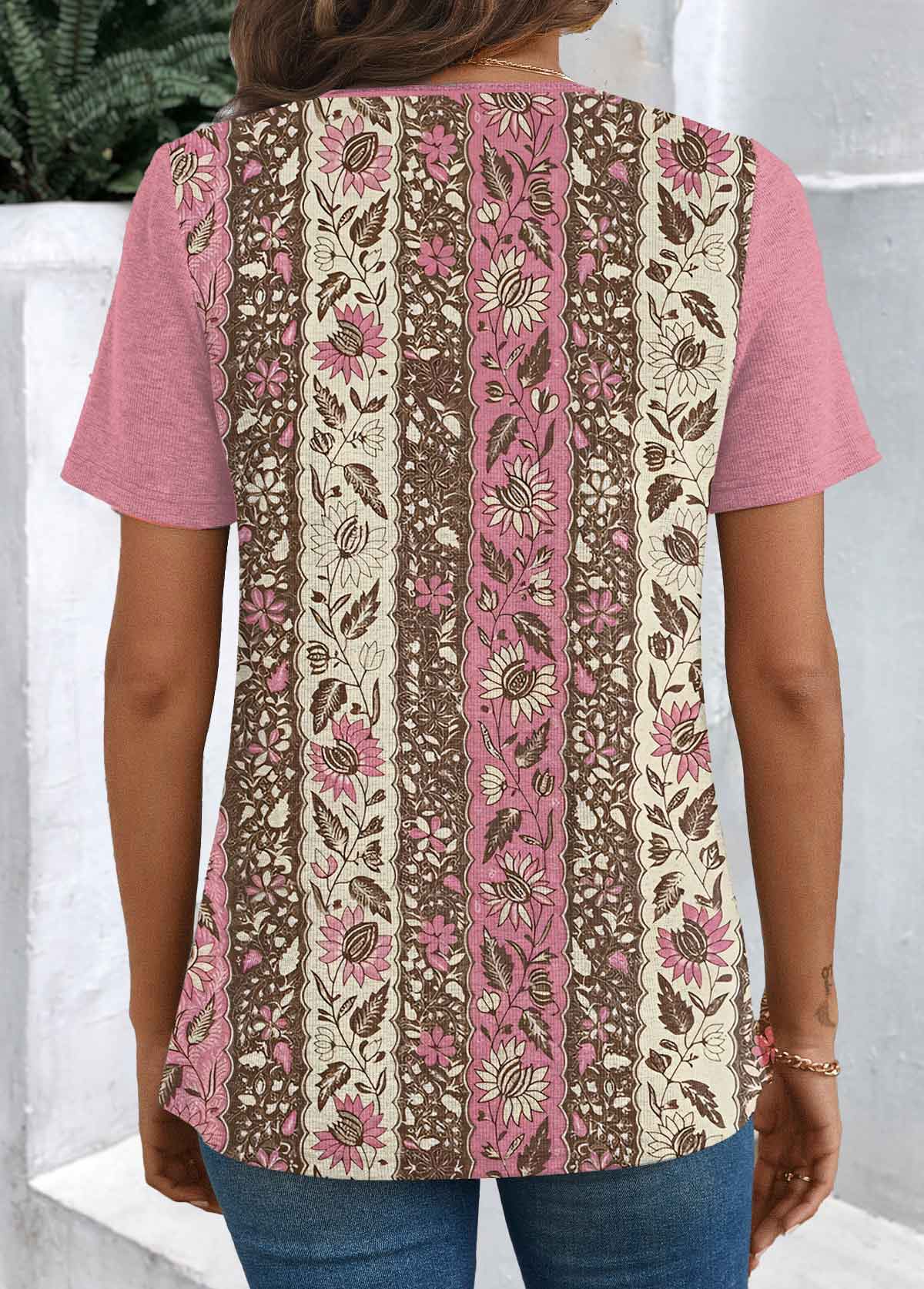 Pink Patchwork Floral Print Short Sleeve T Shirt