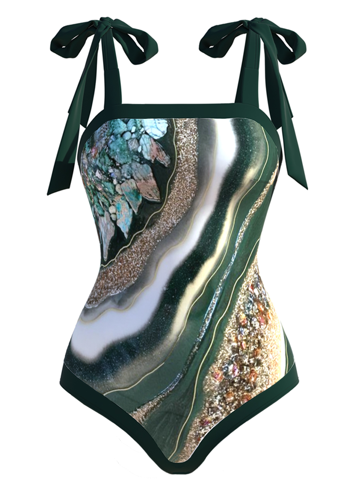 Marble Print Green One Piece Swimwear and Cover Up