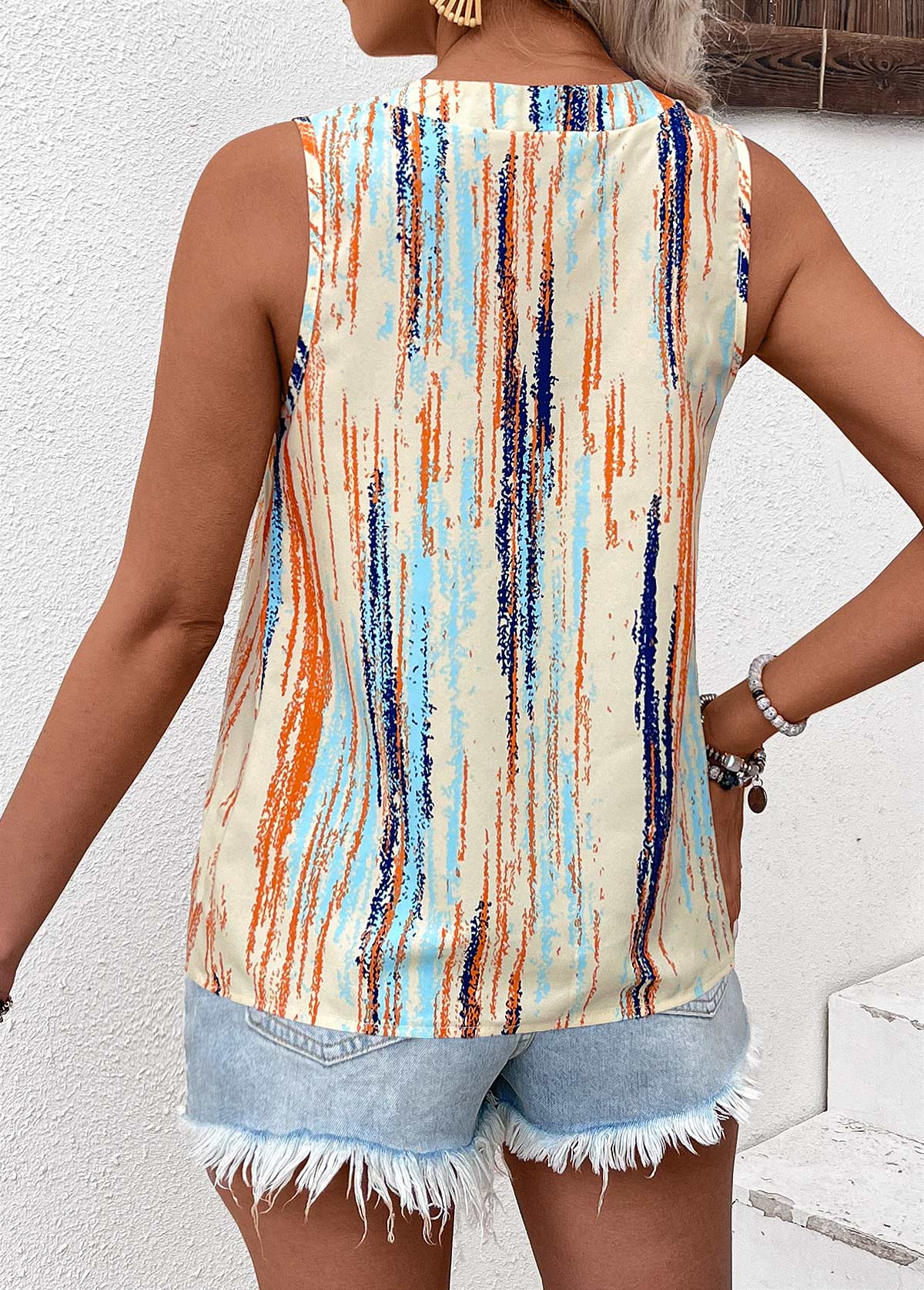 Multi Color Button Striped Sleeveless Round Neck Tank Top | picture 
