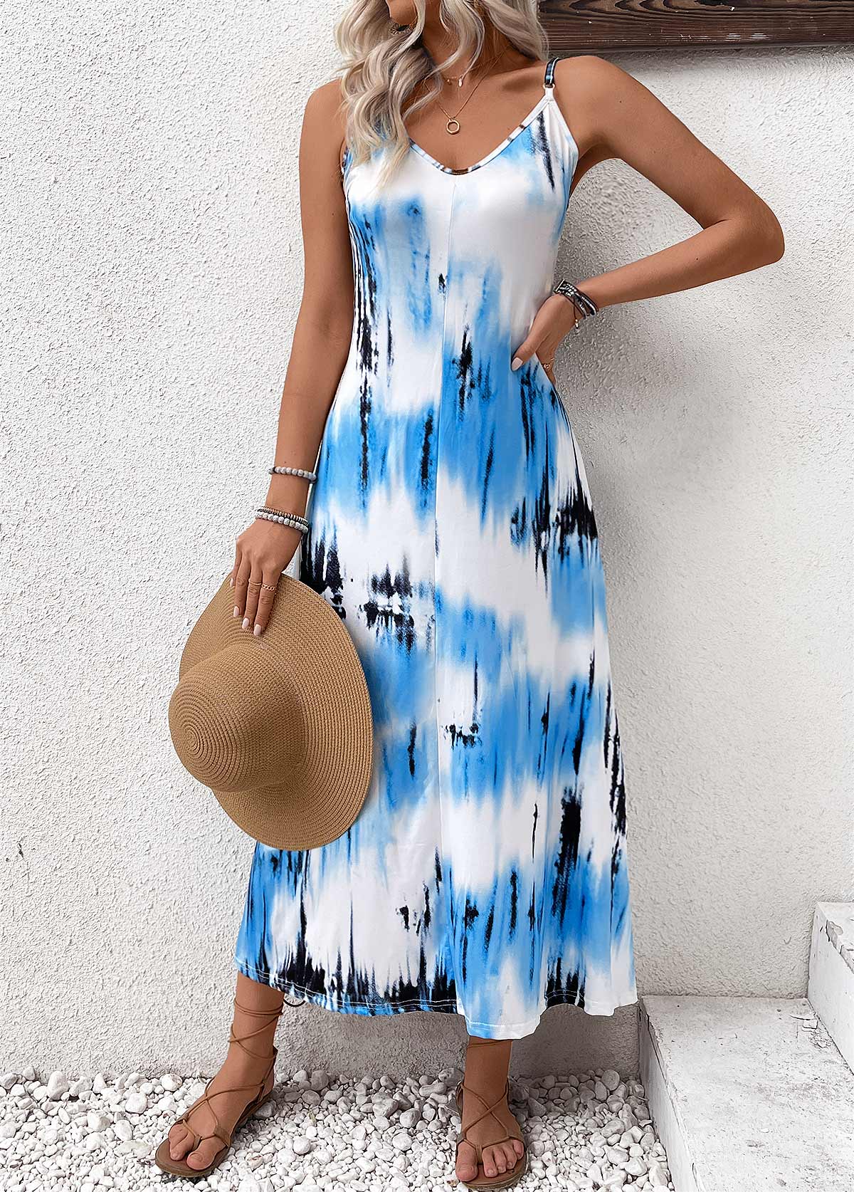 Sky Blue Lightweight Tie Dye Print Strappy Maxi Dress