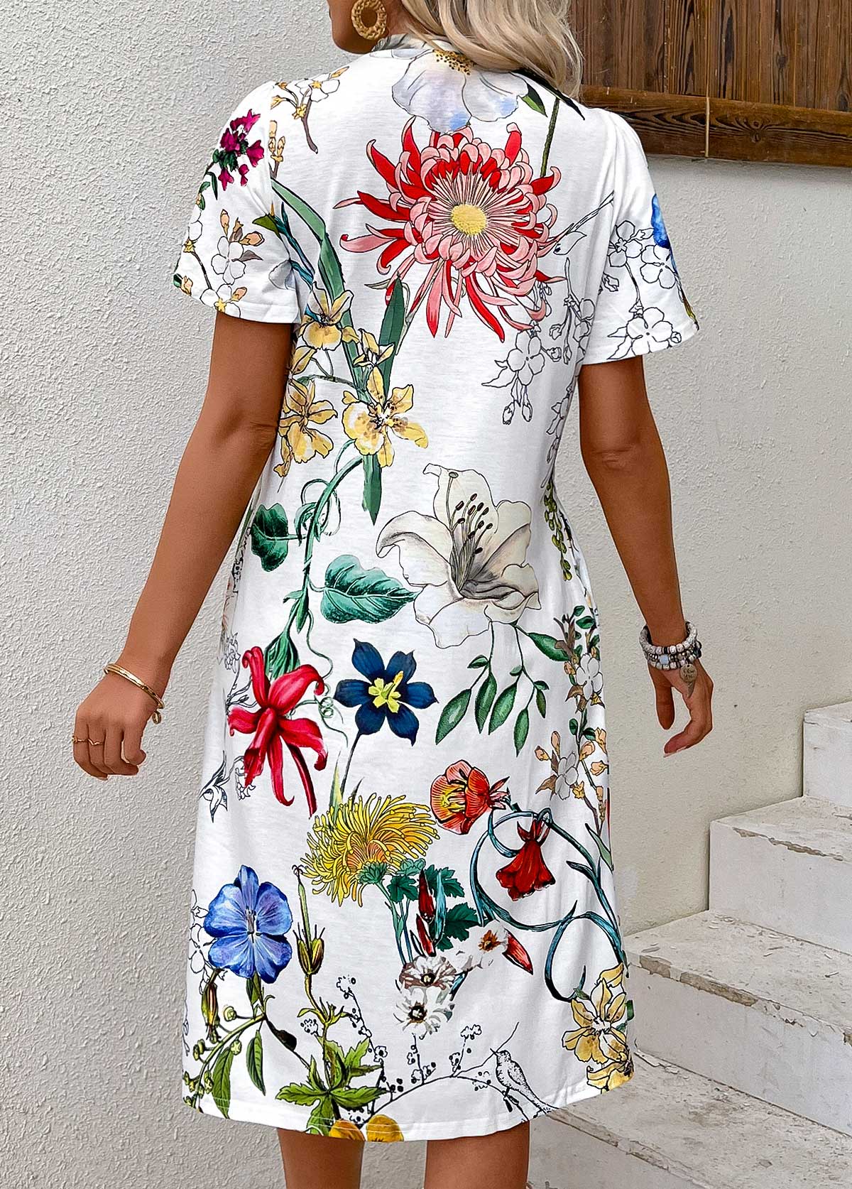 White Pleated Floral Print Short Sleeve Round Neck Dress