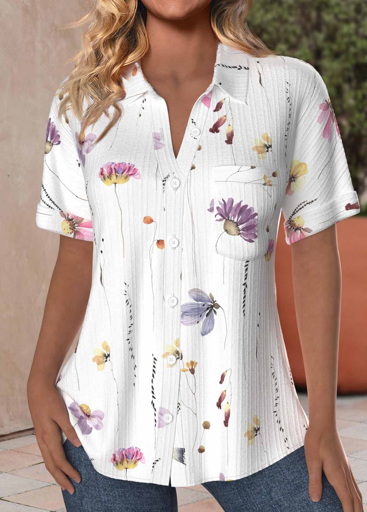 White Textured Fabric Plus Size Floral Print Shirt | picture 