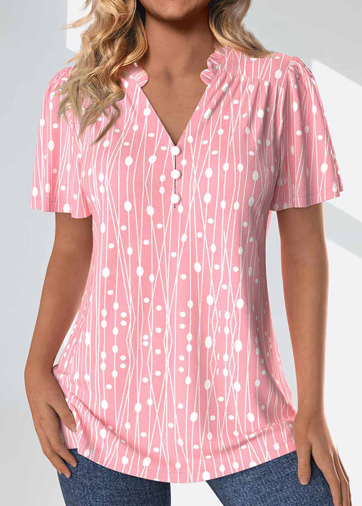 Pink Frill Geometric Print Short Sleeve Split Neck Blouse | picture 