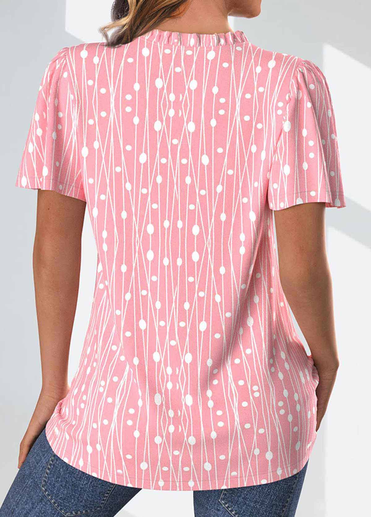 Pink Frill Geometric Print Short Sleeve Split Neck Blouse | picture 