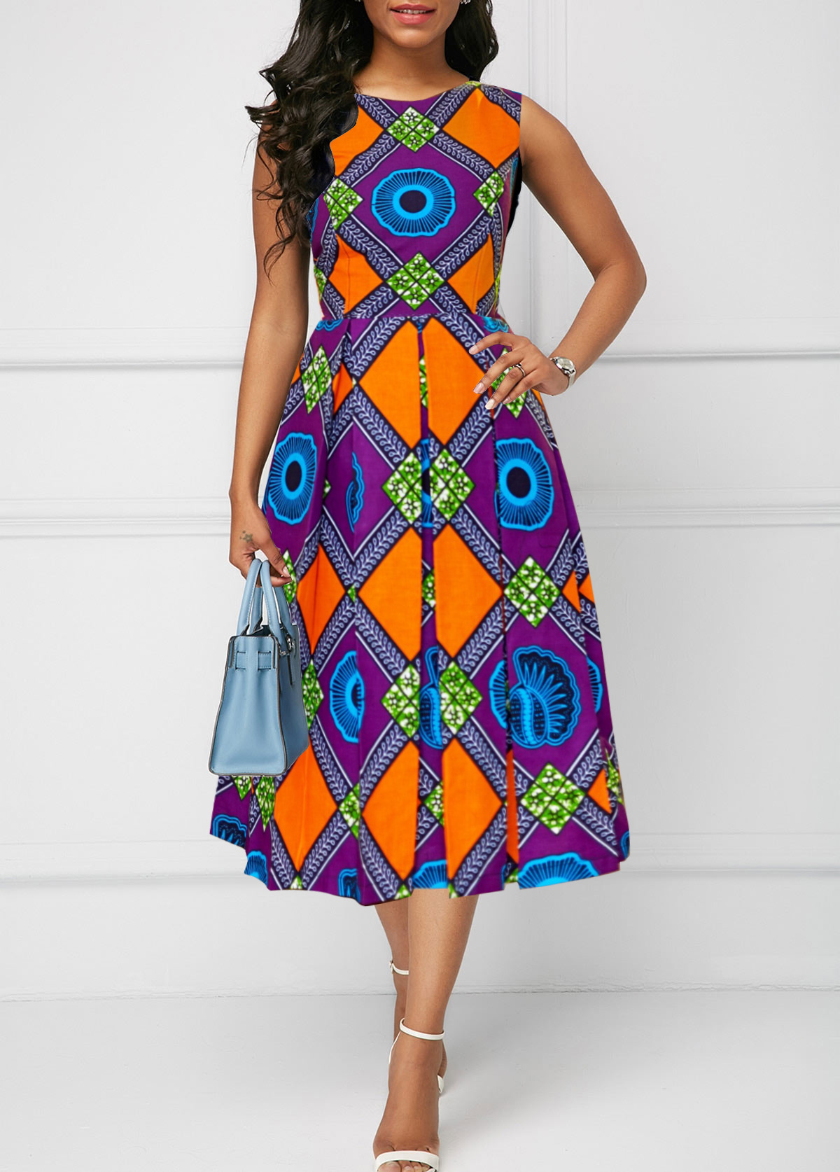 Multi Color Patchwork Tribal Print Sleeveless Round Neck Dress