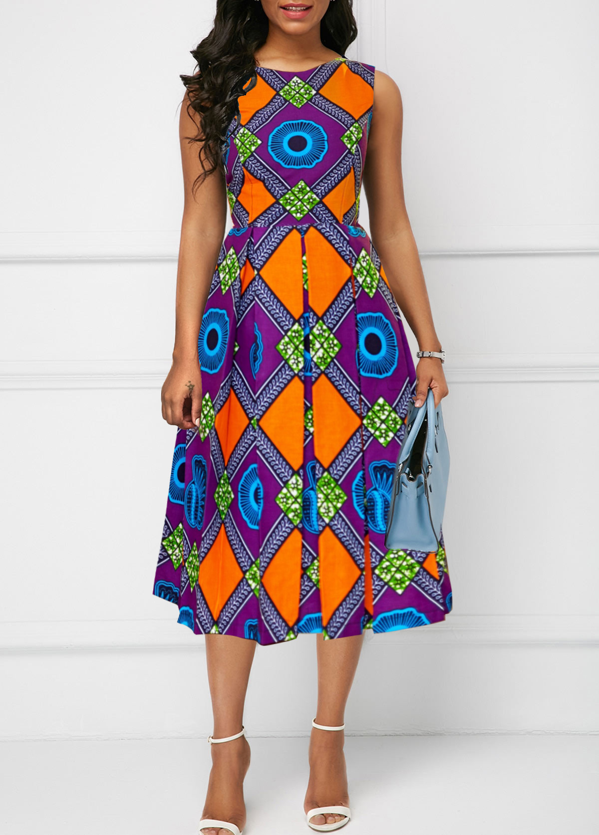 Multi Color Patchwork Tribal Print Sleeveless Round Neck Dress