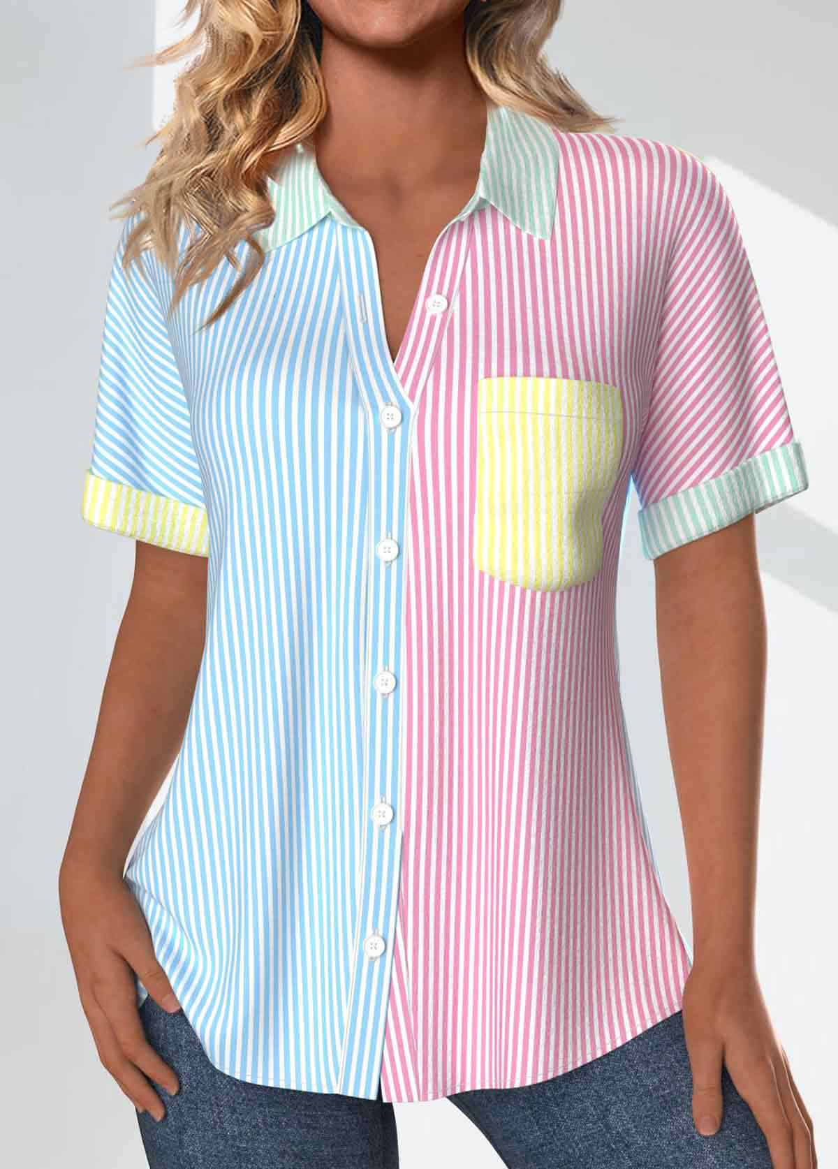Rainbow Color Patchwork Striped Short Sleeve Shirt Collar Blouse