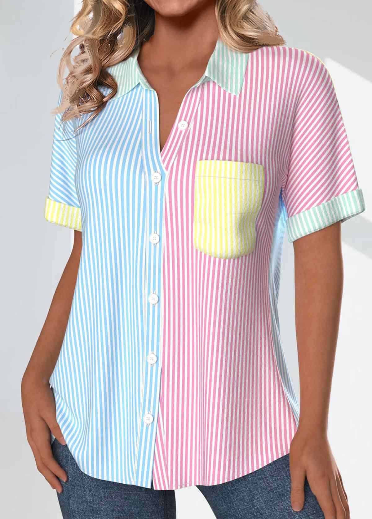Rainbow Color Patchwork Striped Short Sleeve Shirt Collar Blouse