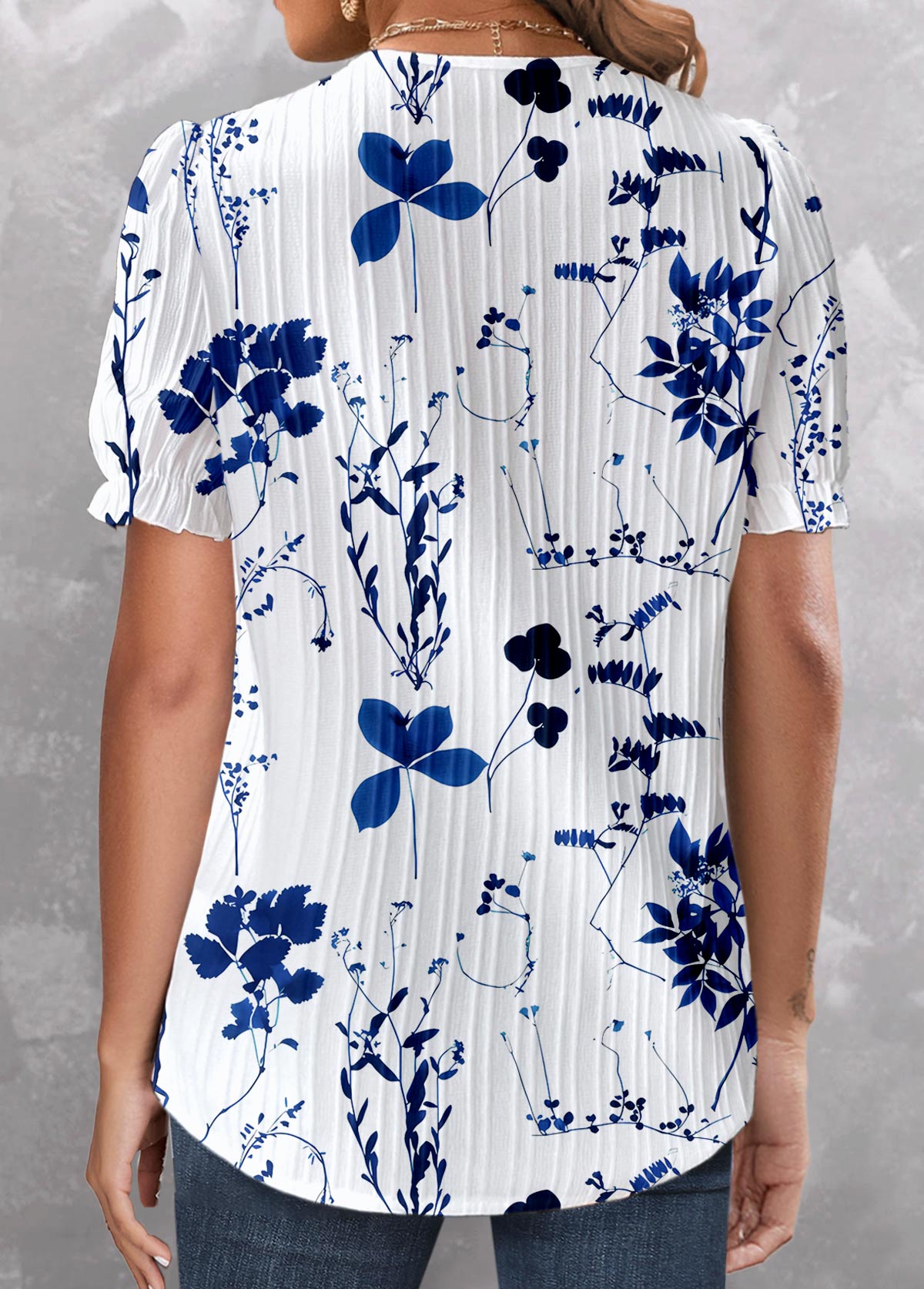 Dark Blue Embroidery Floral Print Short Sleeve Blouse