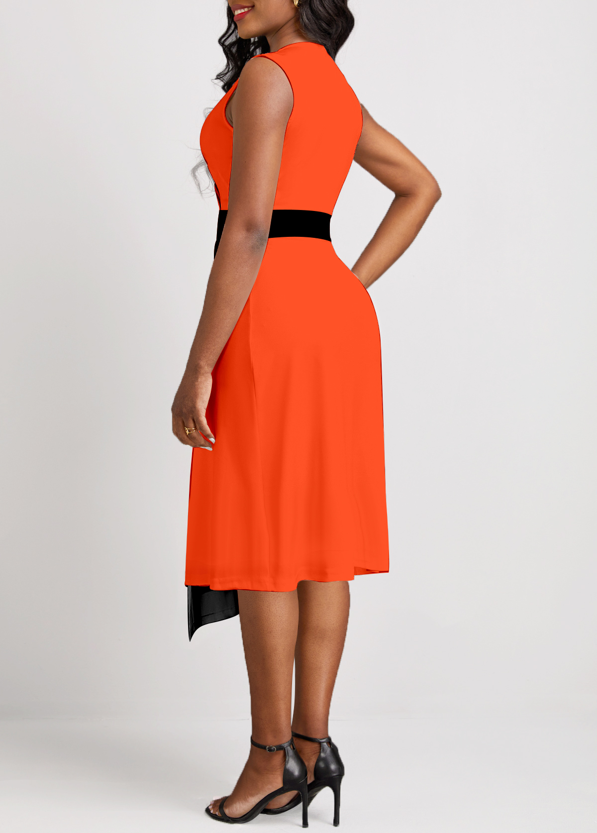 Orange Patchwork Striped Sleeveless V Neck Dress
