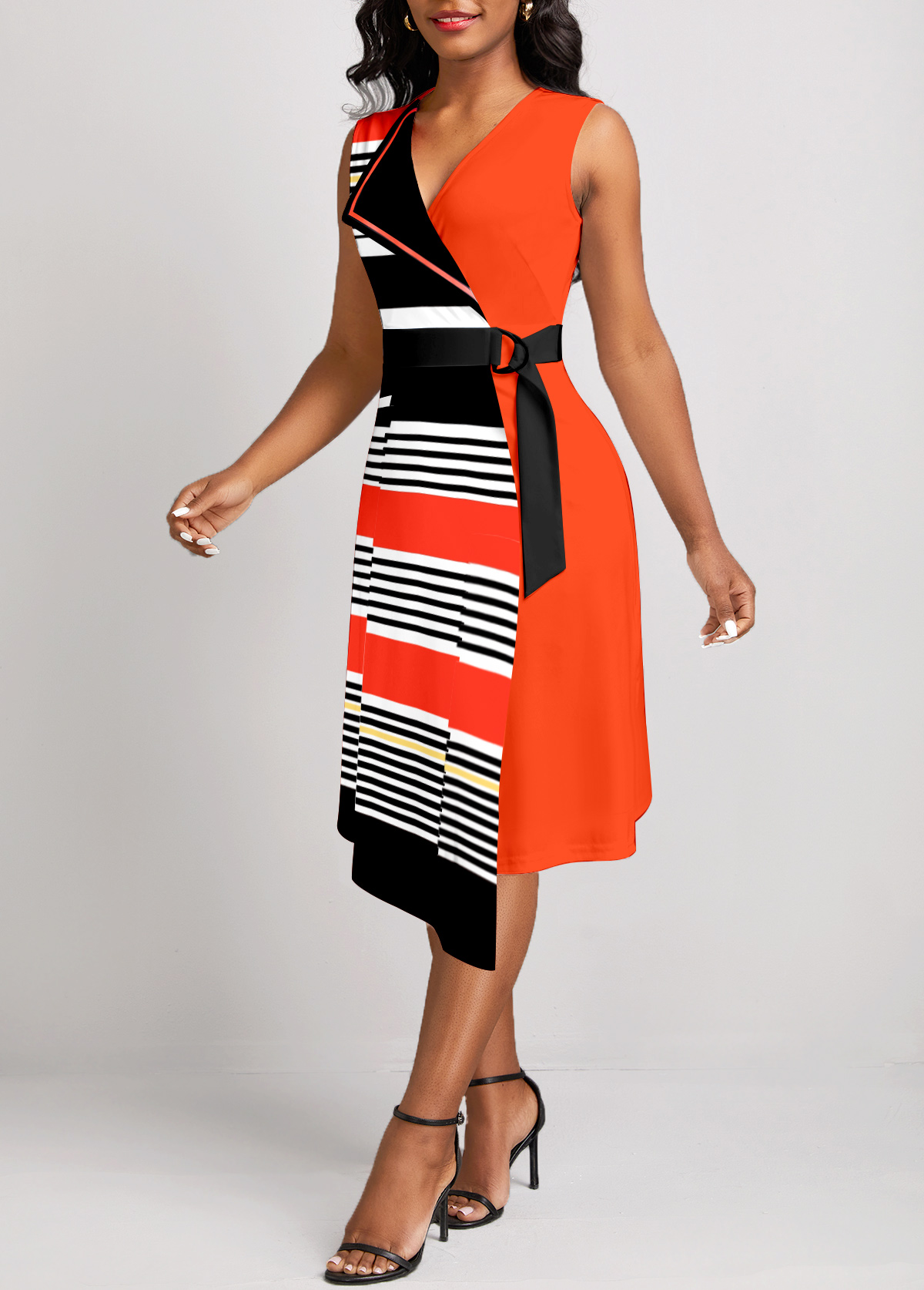 Orange Patchwork Striped Sleeveless V Neck Dress