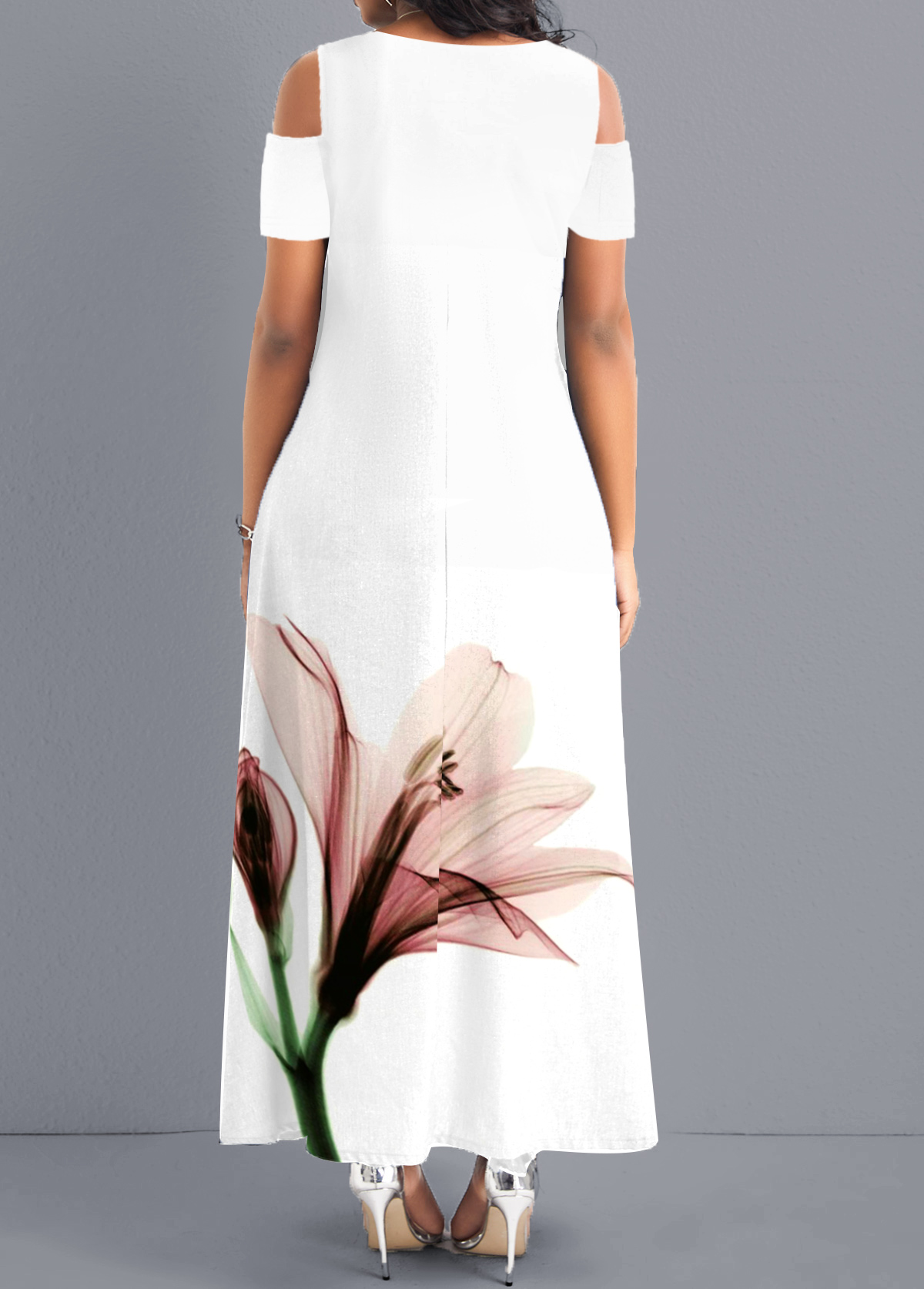 White Breathable Floral Print A Line Maxi Dress