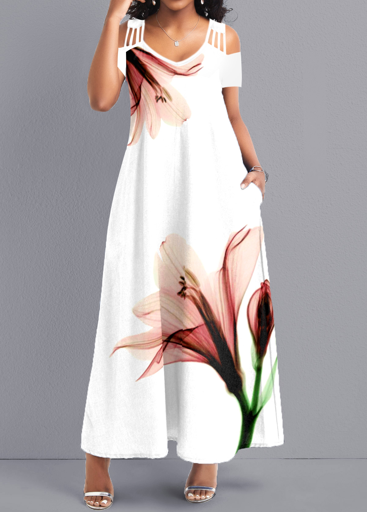 White Breathable Floral Print A Line Maxi Dress