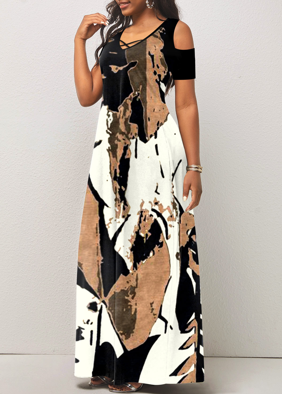 Light Camel Breathable Graffiti Print Maxi O Shape Dress