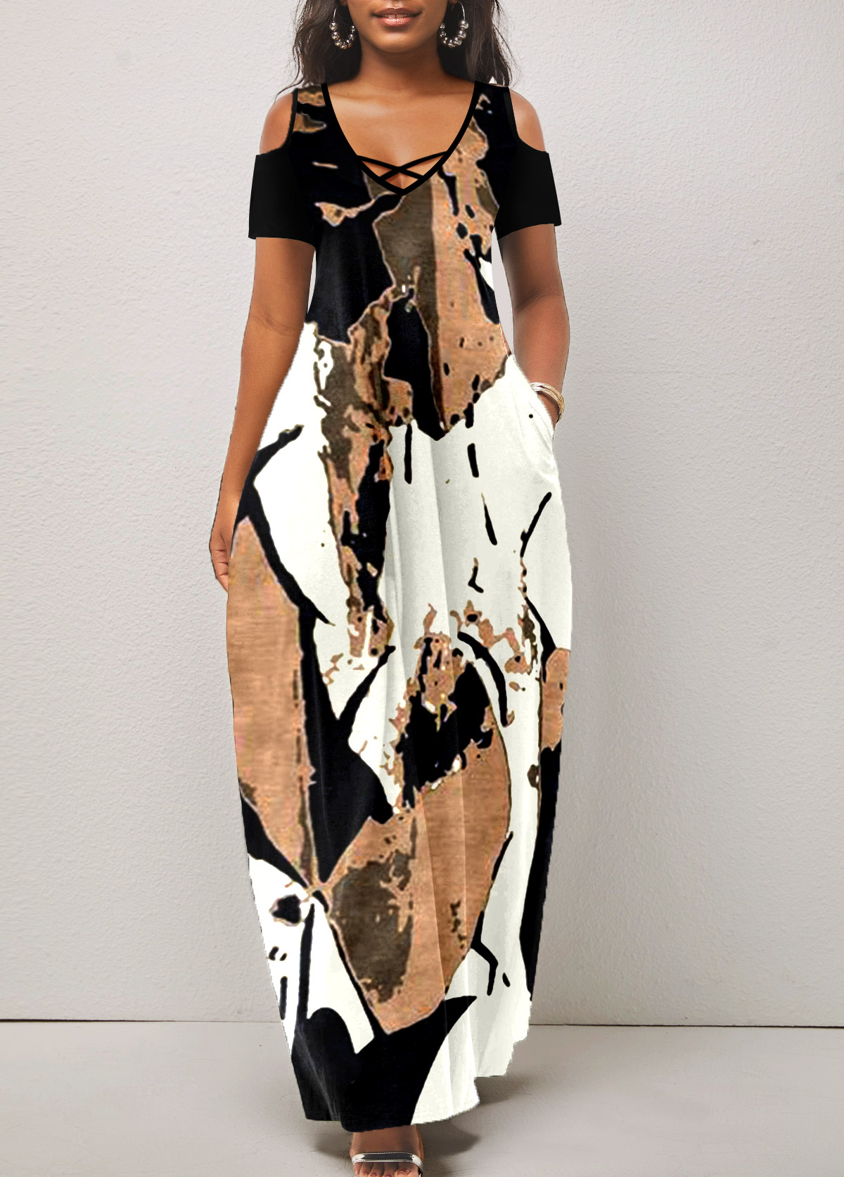 Light Camel Breathable Graffiti Print Maxi O Shape Dress