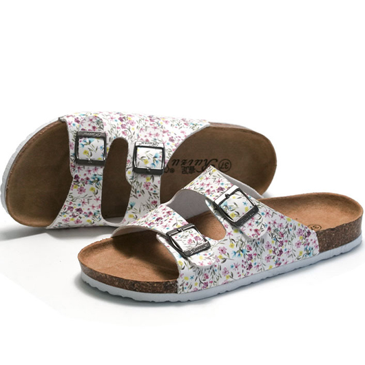 White Floral Print Open Toe Falt Sliders | picture 