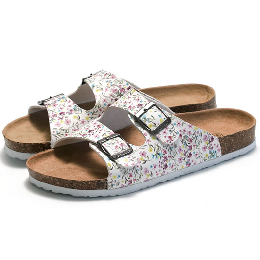 White Floral Print Open Toe Falt Sliders | picture 