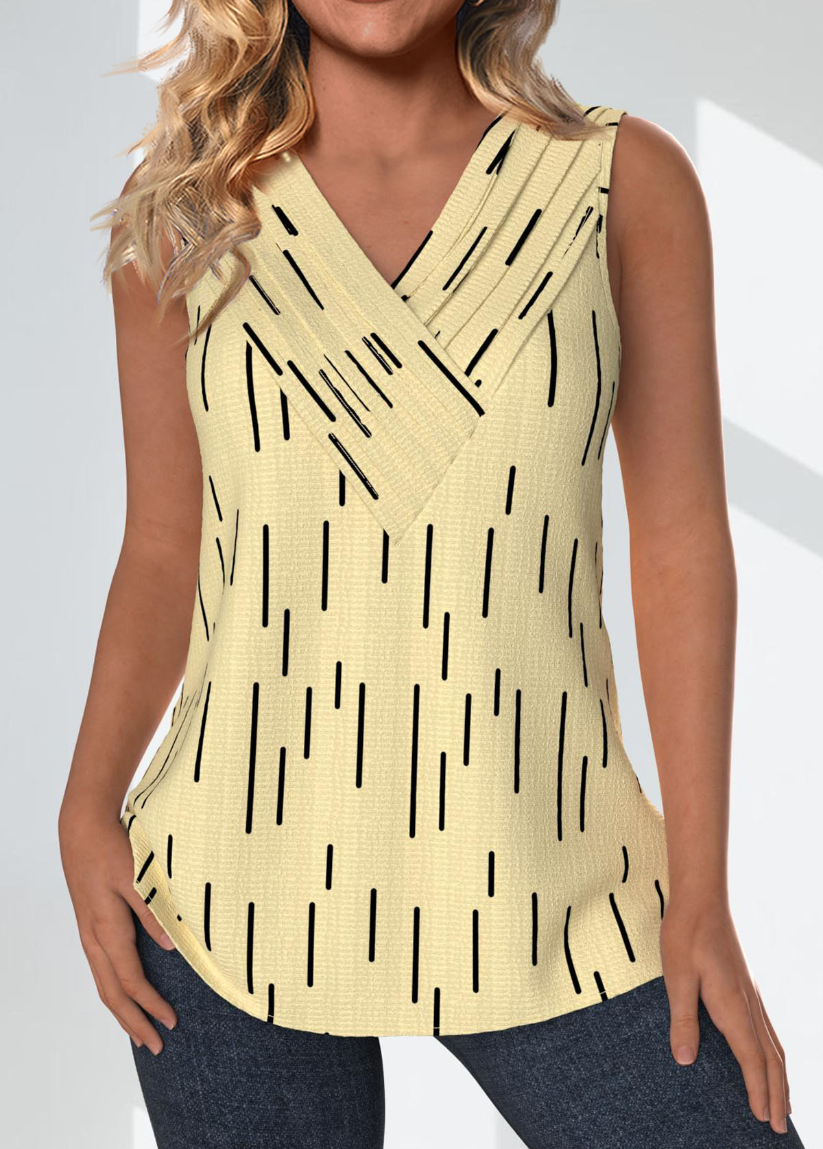 Modlily Light Yellow Surplice Geometric Print Sleeveless Tank Top - L