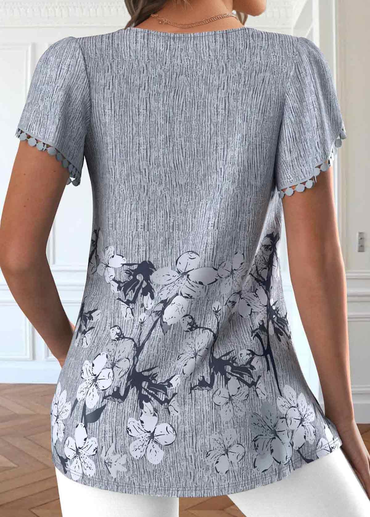 Dark Grey Patchwork Floral Print Short Sleeve T Shirt