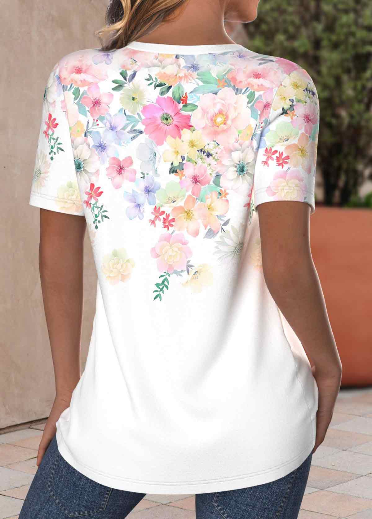 White Criss Cross Floral Print Short Sleeve T Shirt