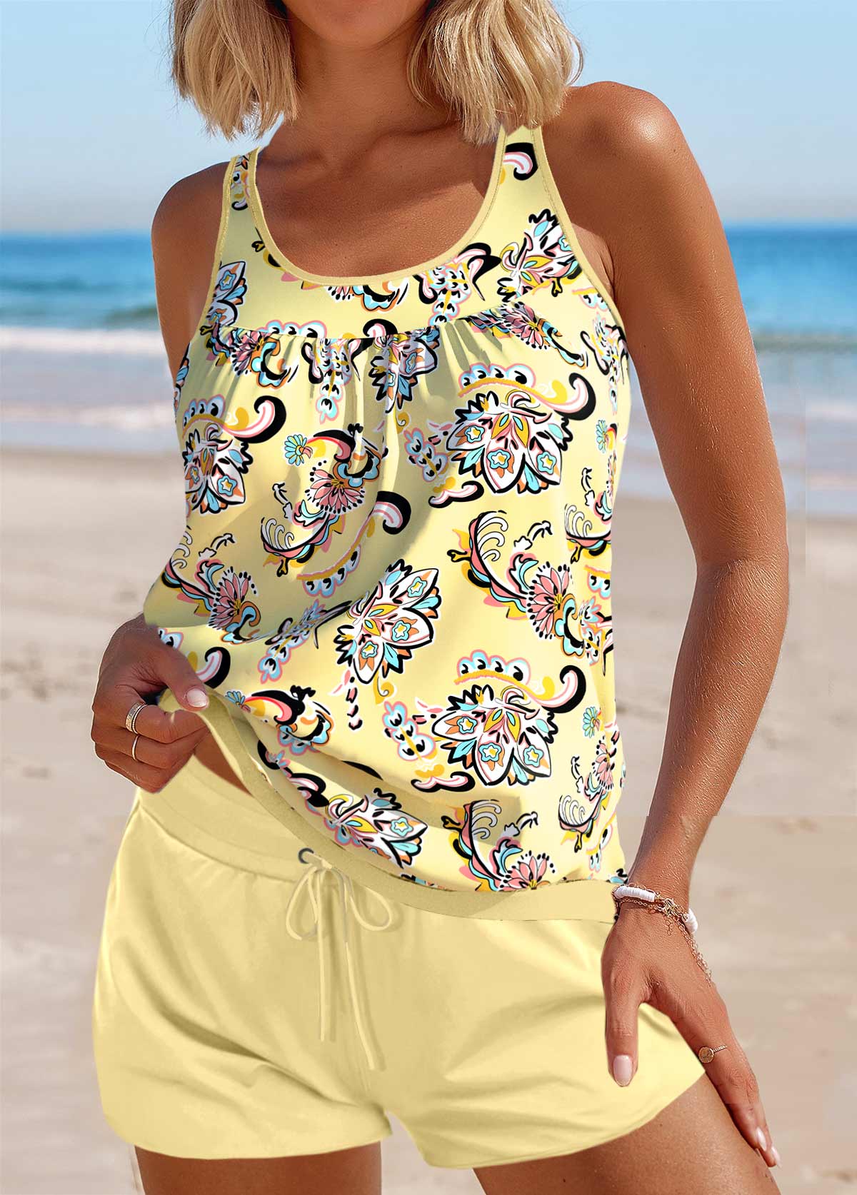 Patchwork Tribal Print Light Yellow Tankini Set | picture 