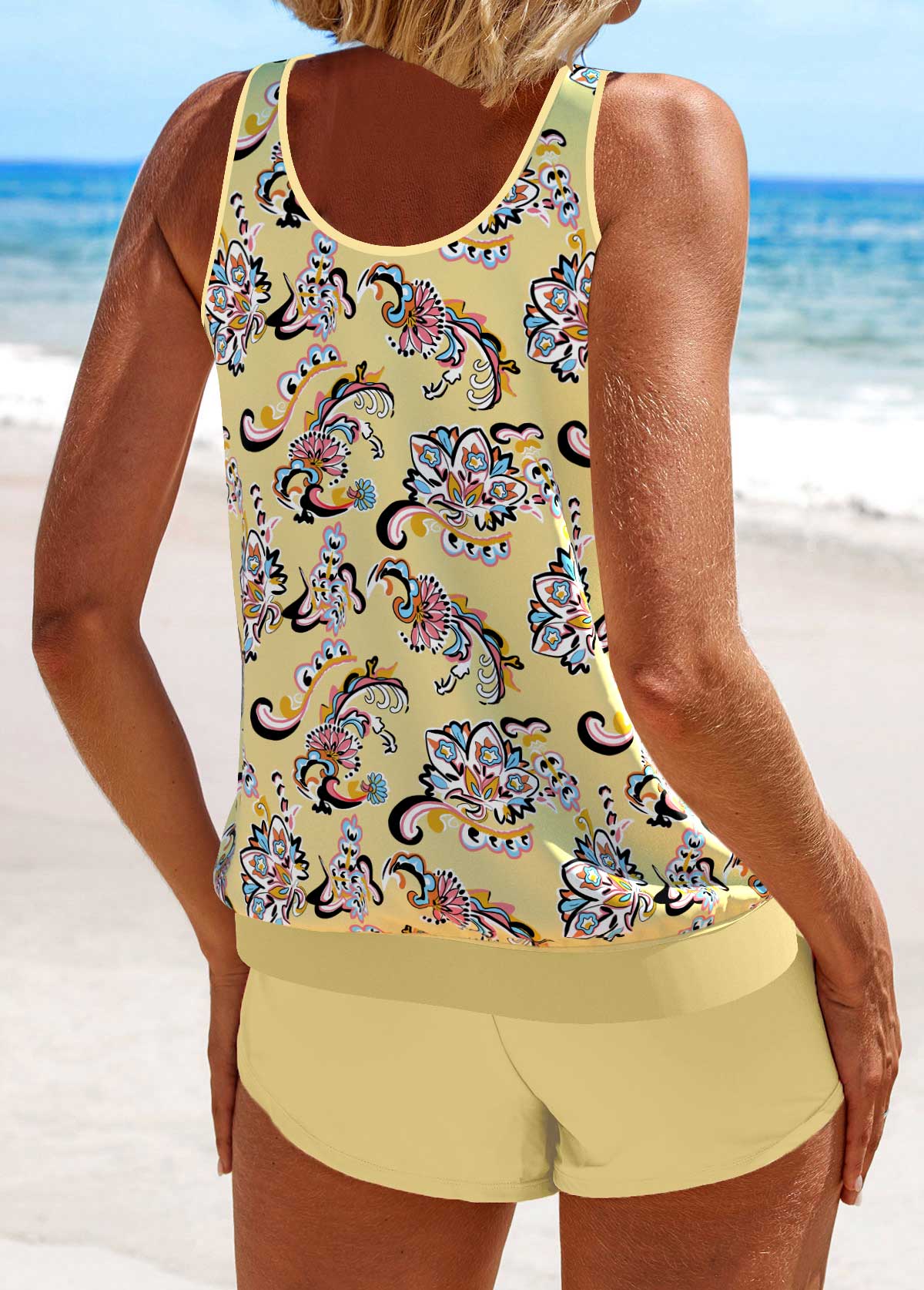 Patchwork Tribal Print Light Yellow Tankini Set | picture 