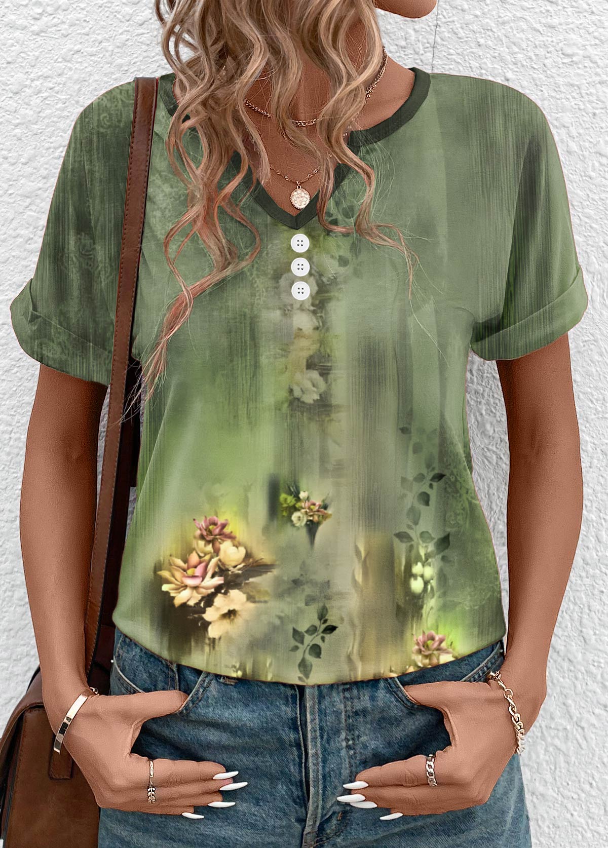 Sage Green Button Floral Print Short Sleeve T Shirt