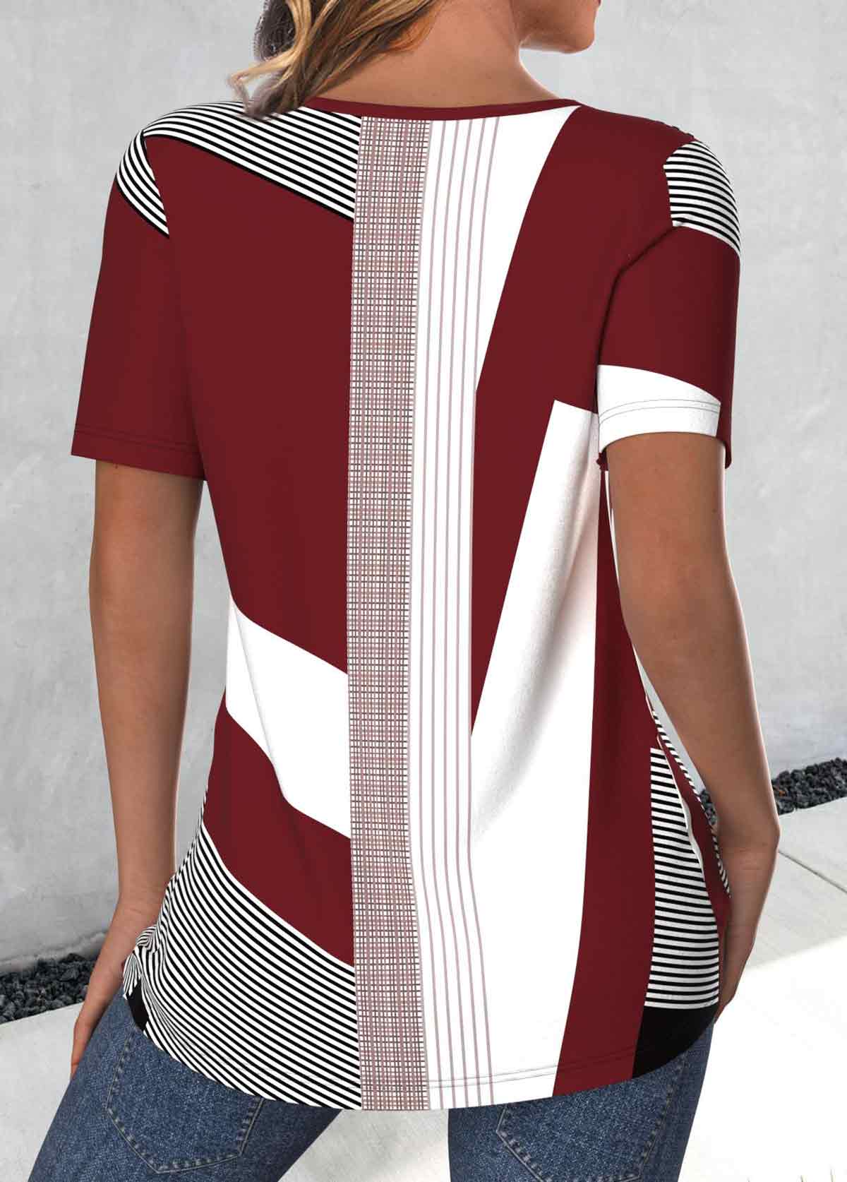Deep Red Button Geometric Print Short Sleeve T Shirt
