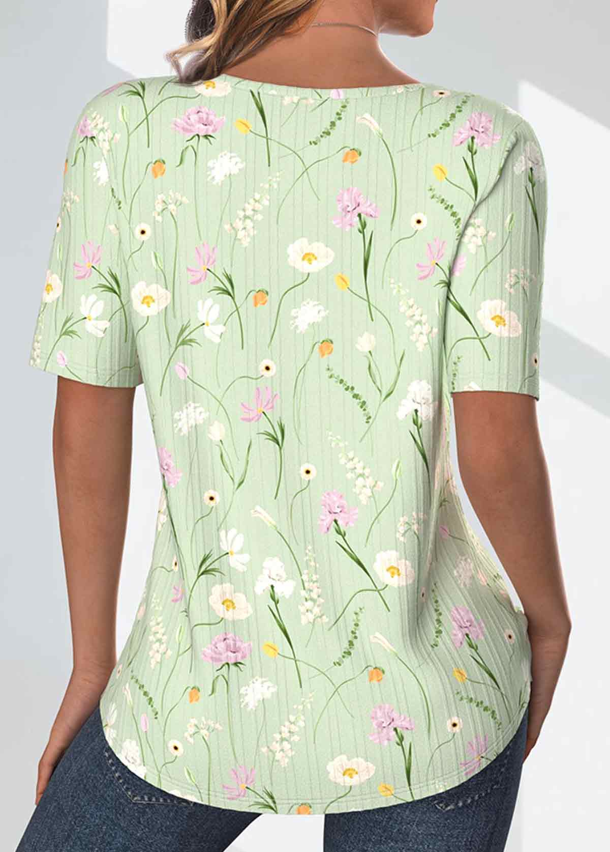 Light Green Textured Fabric Floral Print T Shirt