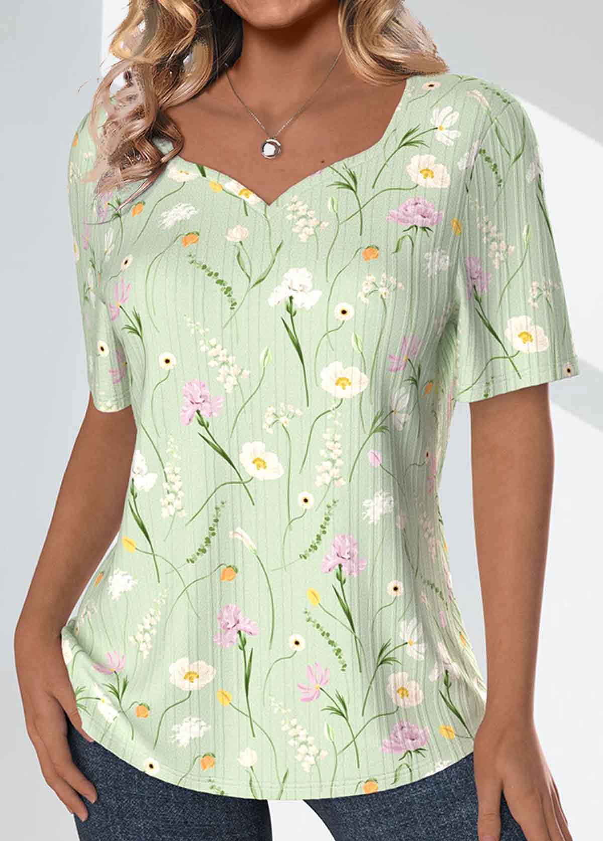 Light Green Textured Fabric Floral Print T Shirt