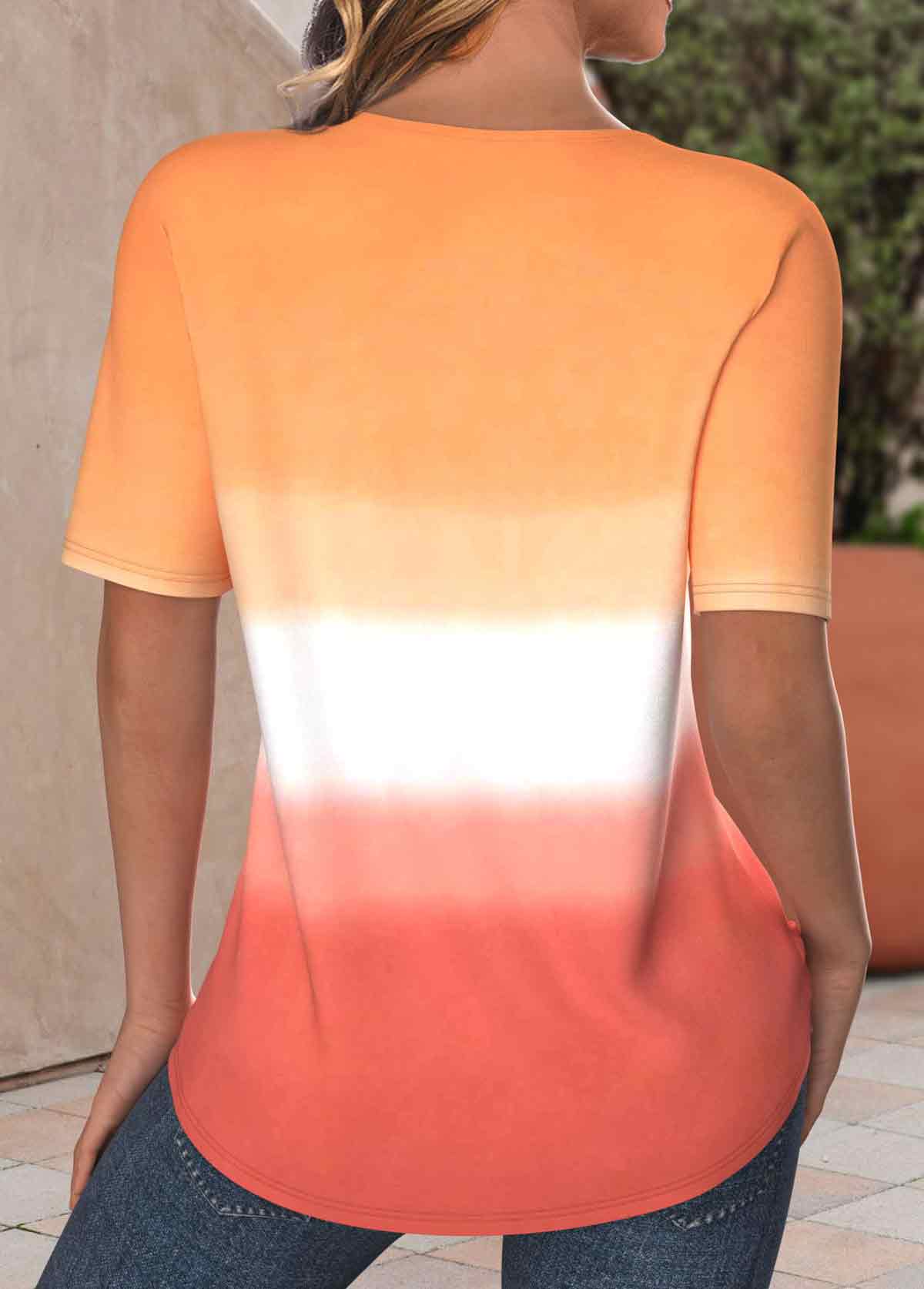 Orange Cut Out Ombre Short Sleeve T Shirt
