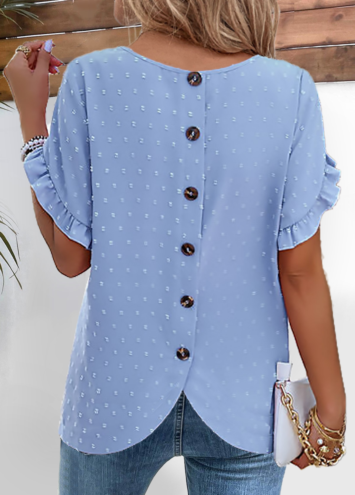 Dusty Blue Button Short Sleeve Round Neck Blouse