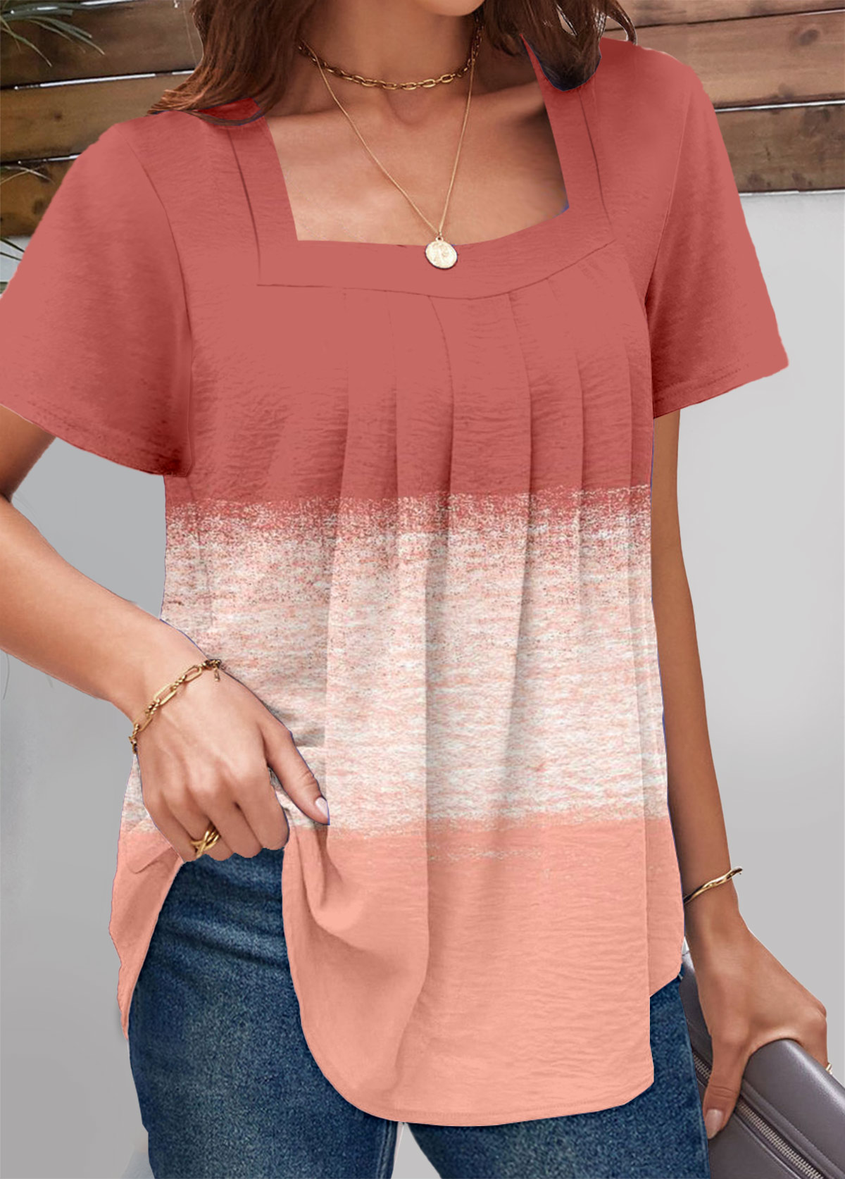Dusty Pink Ruched Short Sleeve Square Neck T Shirt