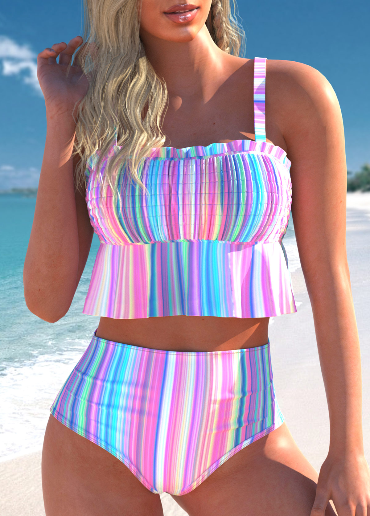 Smocked Striped Multi Color Bikini Set